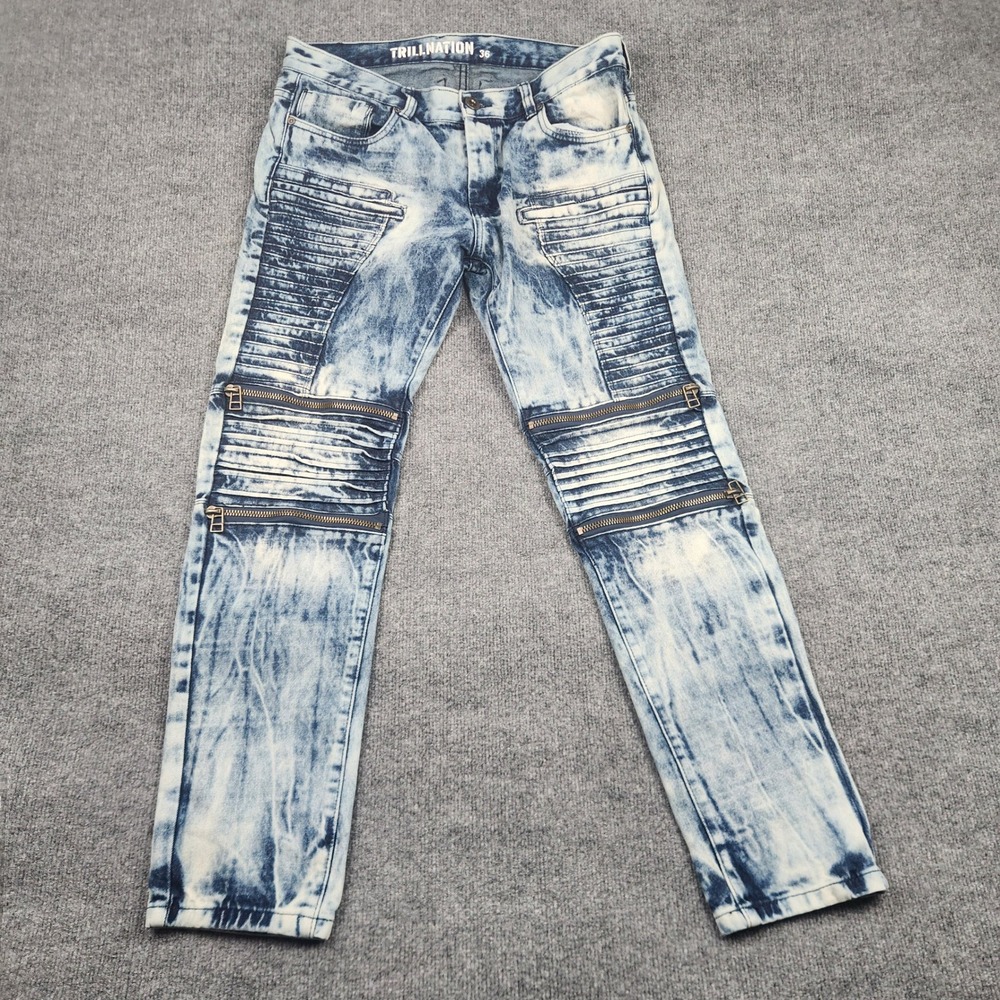 Trillnation Mens 36 Acid Wash Moto Biker Jeans Blue Ribbed Panel Zipper Detail